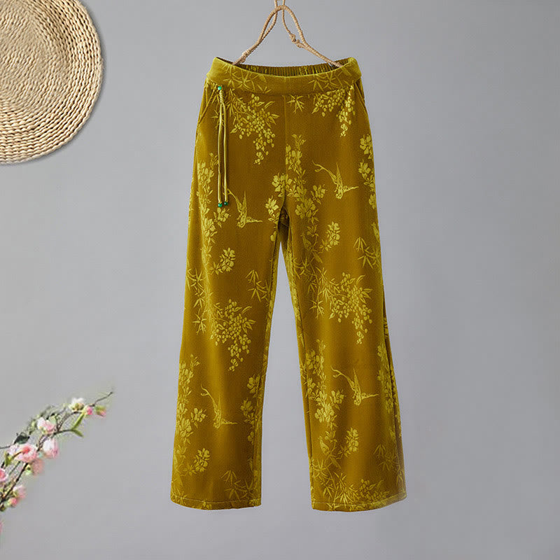 Pantalon large en coton doublé polaire avec poches et motif jacquard taille haute Buddha Stones pour femme - Verge d'or - US8-10，UK/AU12-14，EU40-42 (2XL) - image 1