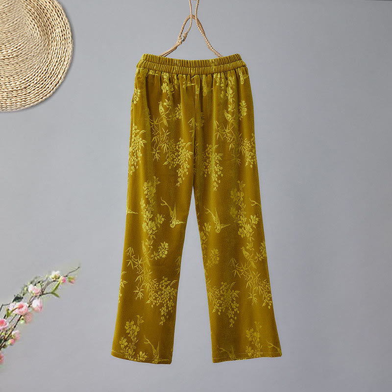 Pantalon large en coton doublé polaire avec poches et motif jacquard taille haute Buddha Stones pour femme - image 2