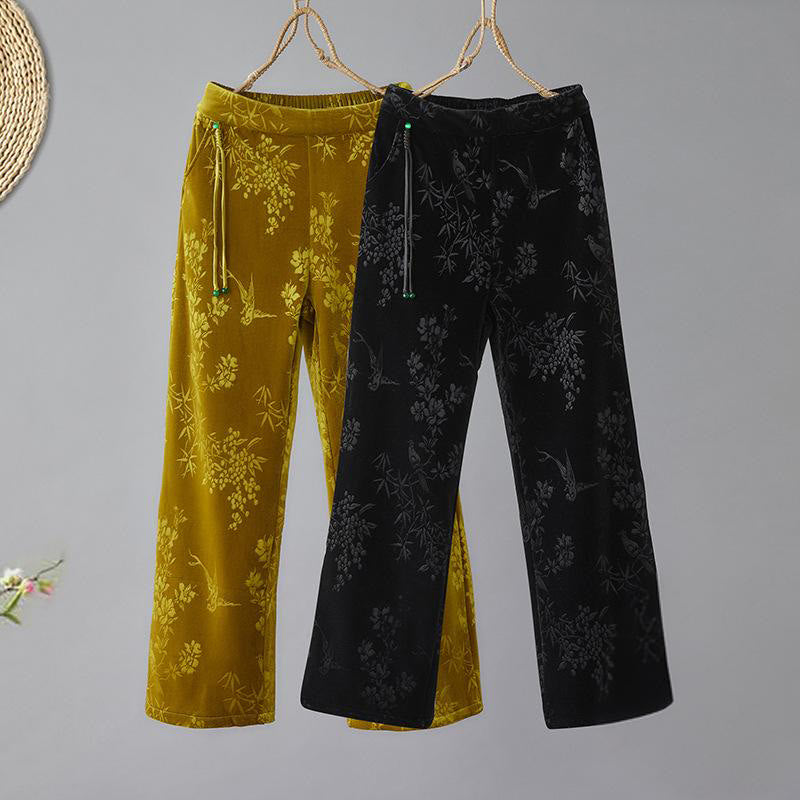 Pantalon large en coton doublé polaire avec poches et motif jacquard taille haute Buddha Stones pour femme - image 0