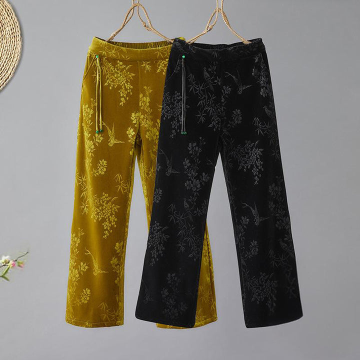 Pantalon large en coton doublé polaire avec poches et motif jacquard taille haute Buddha Stones pour femme - image 0