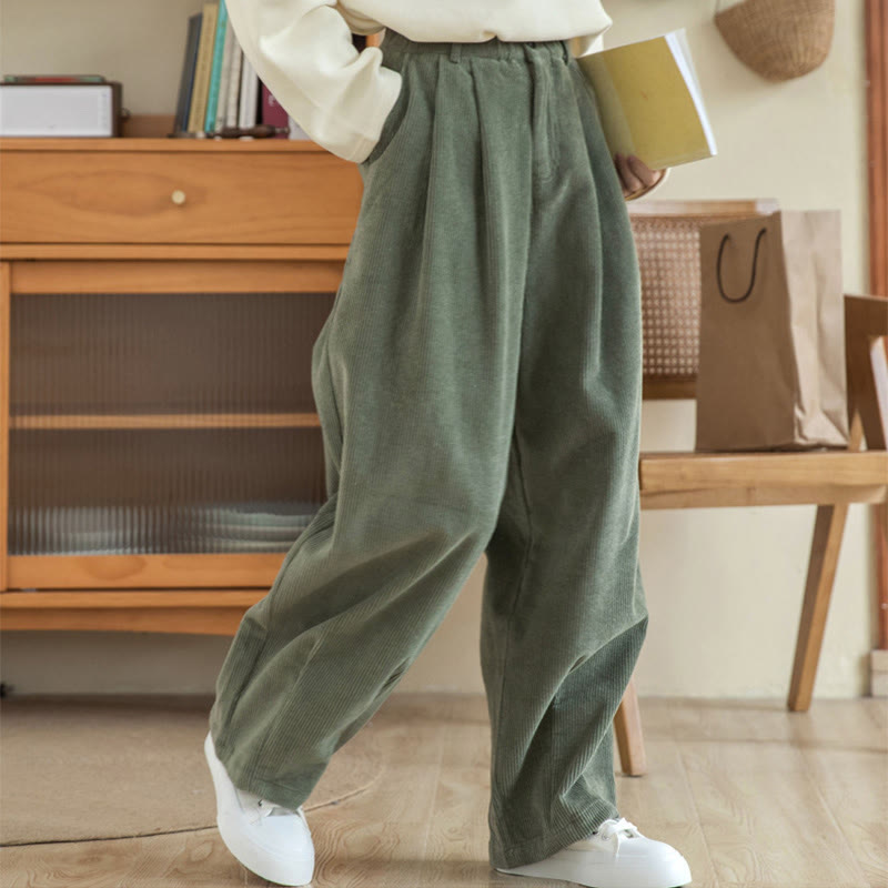 Pantalon large en velours côtelé de coton avec poches et taille haute pour femme Buddha Stones - OliveDrab - US6，UK/AU10，EU38 (L) - image 0