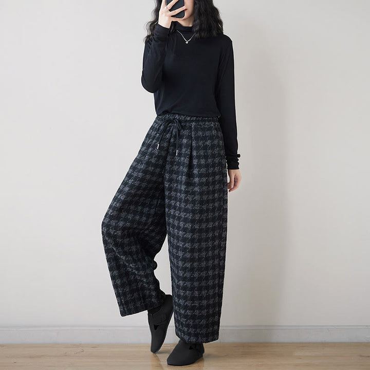 Pantalon d'hiver femme Buddha Stones , doublé polaire de coton, à carreaux noirs et gris, avec poches - image 5