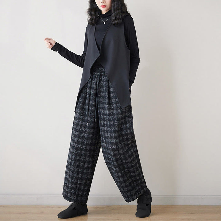 Pantalon d'hiver femme Buddha Stones , doublé polaire de coton, à carreaux noirs et gris, avec poches - image 4