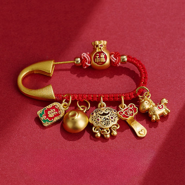 Buddha Stones Année du Cheval Charme Fu Caractère Attirer la Fortune Ruyi Poignée Laiton Broche Porte-Bonheur - Personnage de Horse Peace Fu - image 0