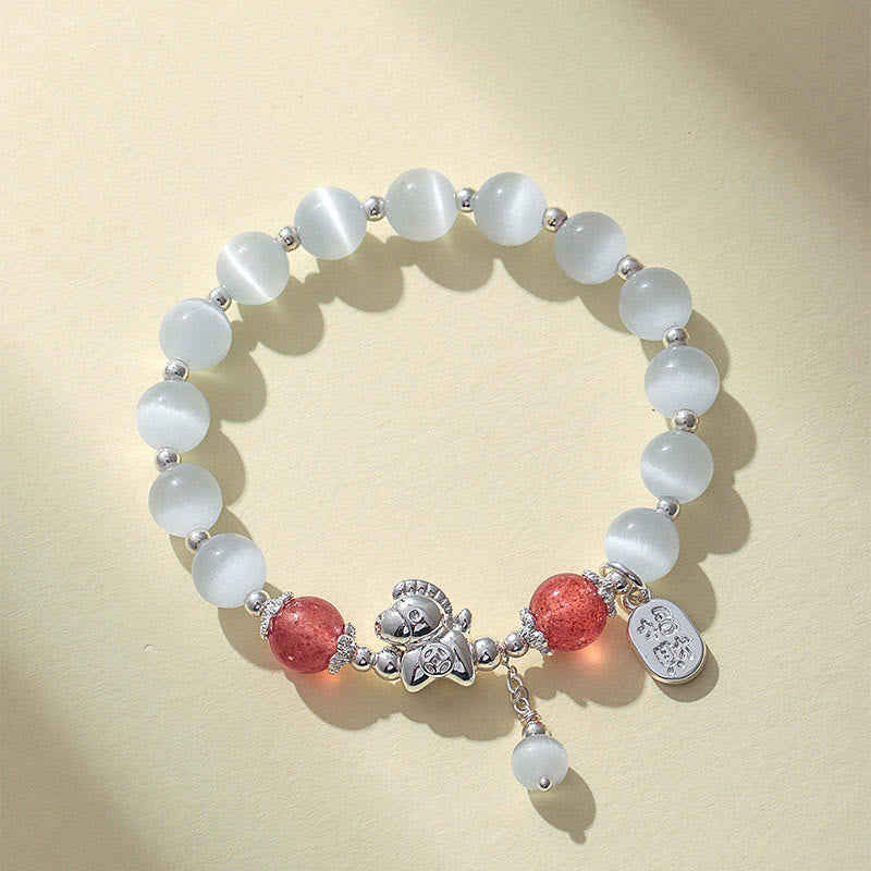 Bracelet d'amour en cristal de quartz rose œil de chat naturel Buddha Stones Année du Cheval Fu Personnage - Quartz fraise œil de chat (tour de poignet 14-16 cm) - image 7