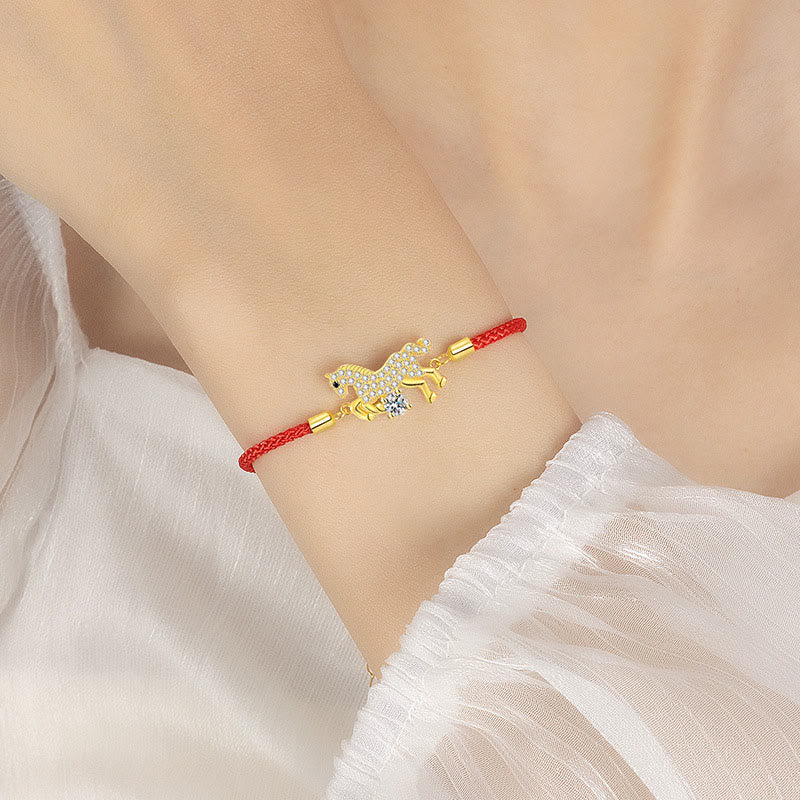 Bracelet ajustable porte-bonheur en argent sterling 925 avec breloque cheval doré et Buddha Stones, cordon rouge - image 5