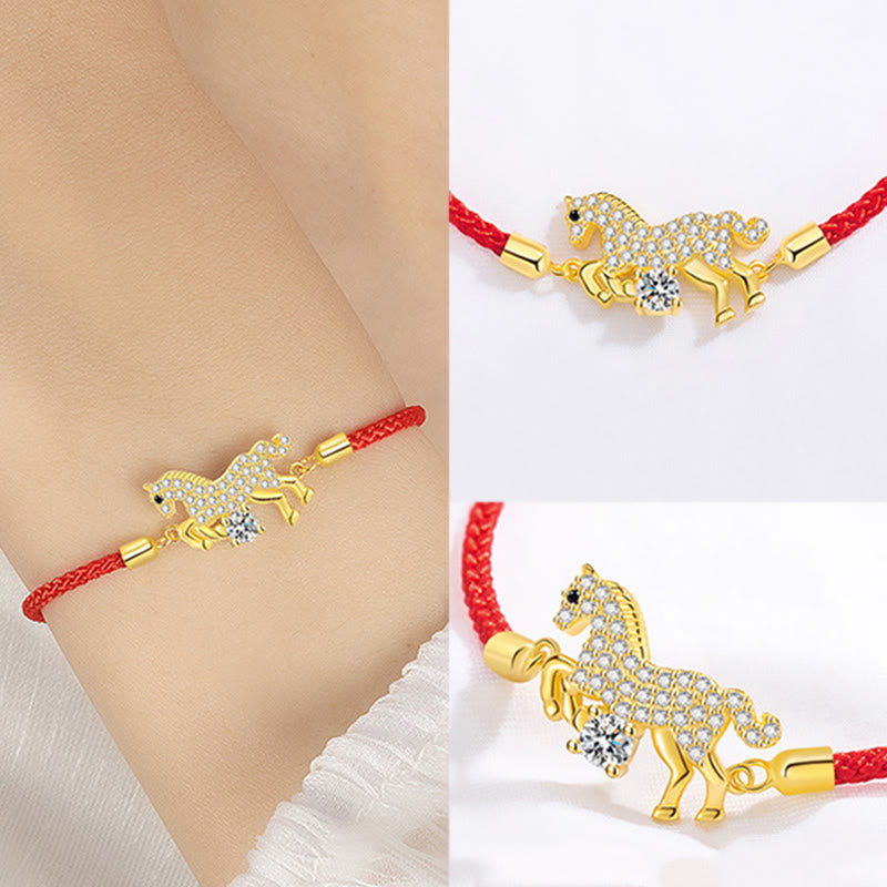 Bracelet ajustable porte-bonheur en argent sterling 925 avec breloque cheval doré et Buddha Stones, cordon rouge - image 6
