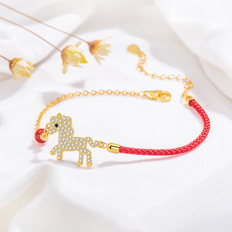 Bracelet tressé en argent Buddha Stones 925 plaqué or 18 carats avec breloque cheval et cordon rouge - image 1
