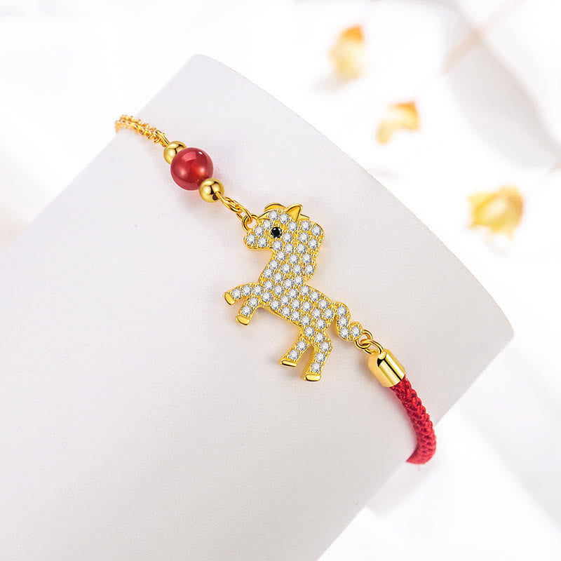Bracelet tressé en argent Buddha Stones 925 plaqué or 18 carats avec breloque cheval et cordon rouge - image 2