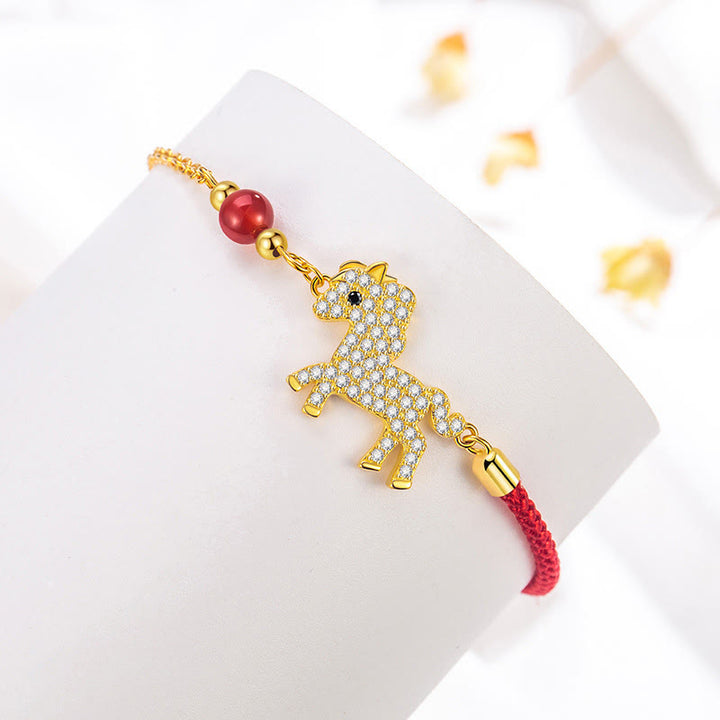 Bracelet tressé en argent Buddha Stones 925 plaqué or 18 carats avec breloque cheval et cordon rouge - image 2