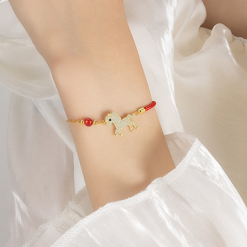 Bracelet tressé en argent Buddha Stones 925 plaqué or 18 carats avec breloque cheval et cordon rouge - image 5