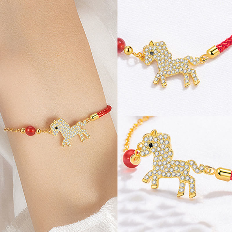 Bracelet tressé en argent Buddha Stones 925 plaqué or 18 carats avec breloque cheval et cordon rouge - image 6