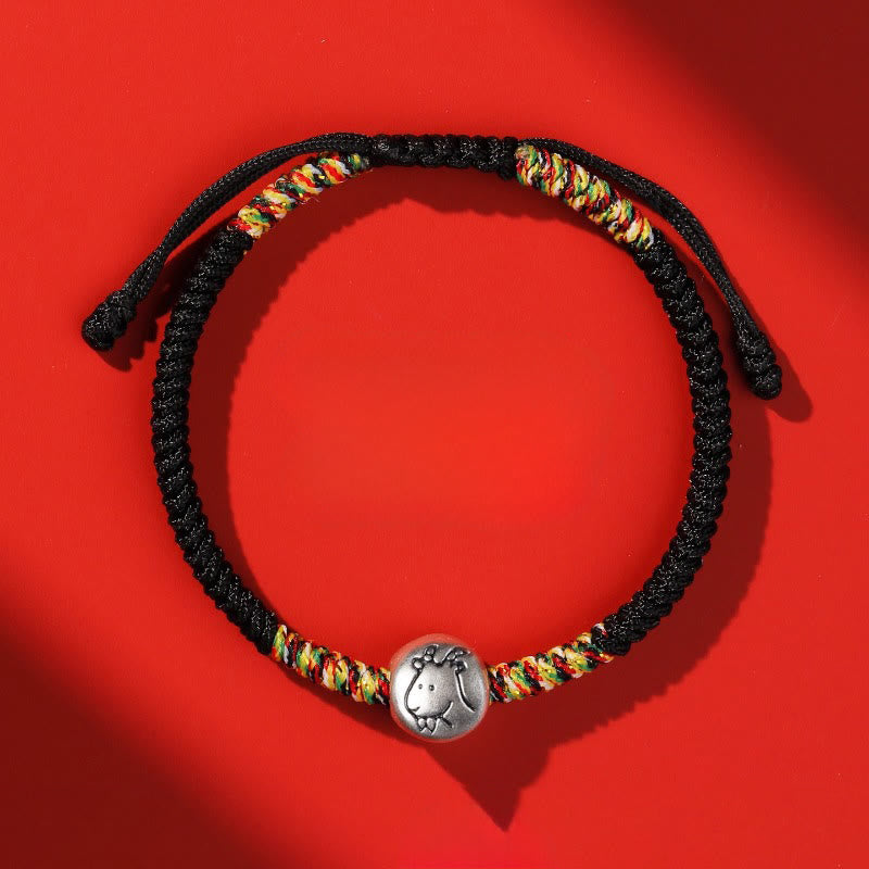 Bracelet tressé en argent sterling 999 avec breloque cheval du zodiaque chinois et Buddha Stones , cordon rouge - Corde noire de chèvre - image 38