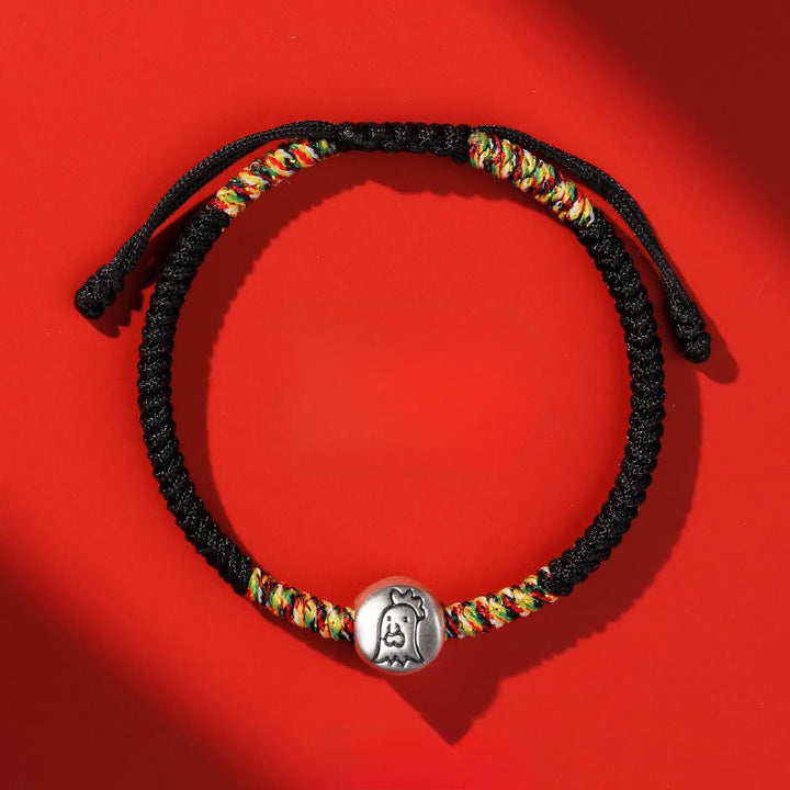 Bracelet tressé en argent sterling 999 avec breloque cheval du zodiaque chinois et Buddha Stones , cordon rouge - Coq Corde Noire - image 40