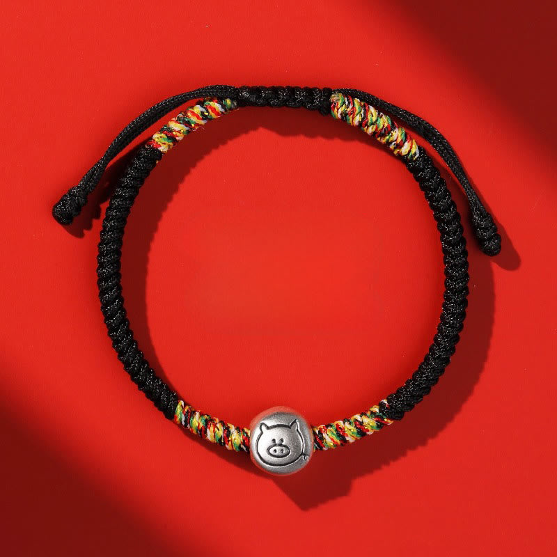 Bracelet tressé en argent sterling 999 avec breloque cheval du zodiaque chinois et Buddha Stones , cordon rouge - Corde noire de cochon - image 42