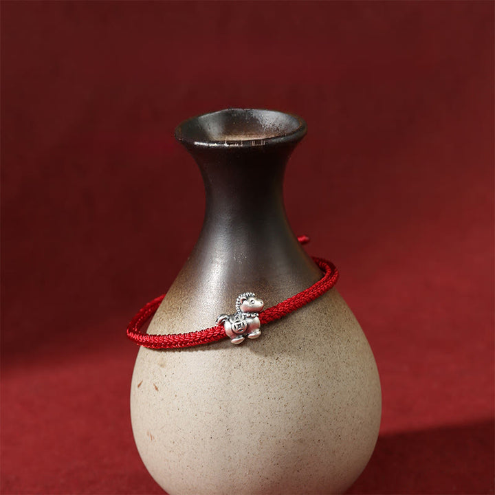 Bracelet porte-bonheur tressé en argent sterling 999 avec cordon rouge et pièces de cuivre, Année du Cheval , Buddha Stones - image 2