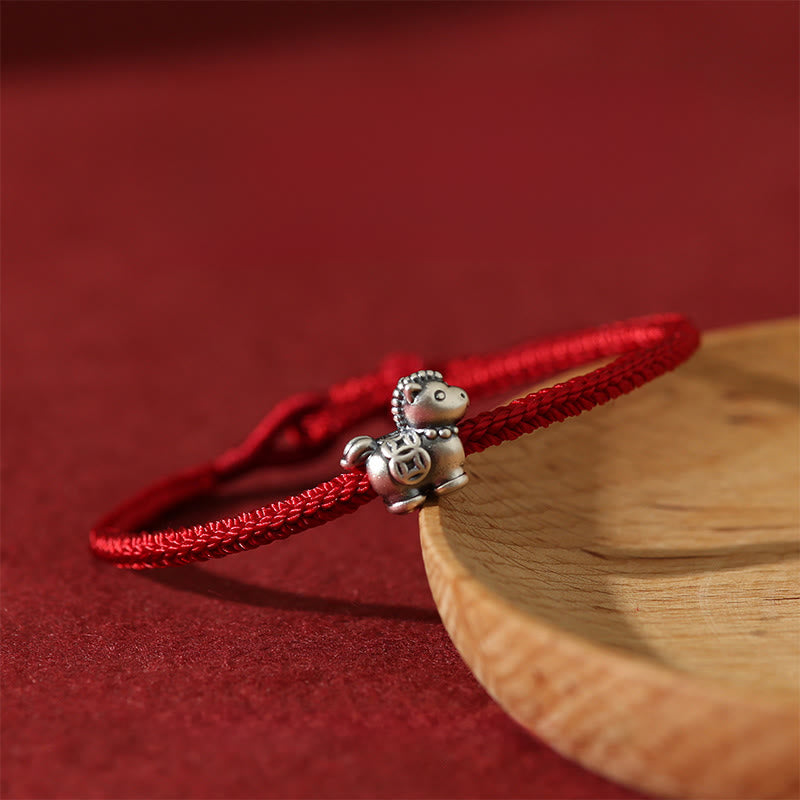 Bracelet porte-bonheur tressé en argent sterling 999 avec cordon rouge et pièces de cuivre, Année du Cheval , Buddha Stones - image 1