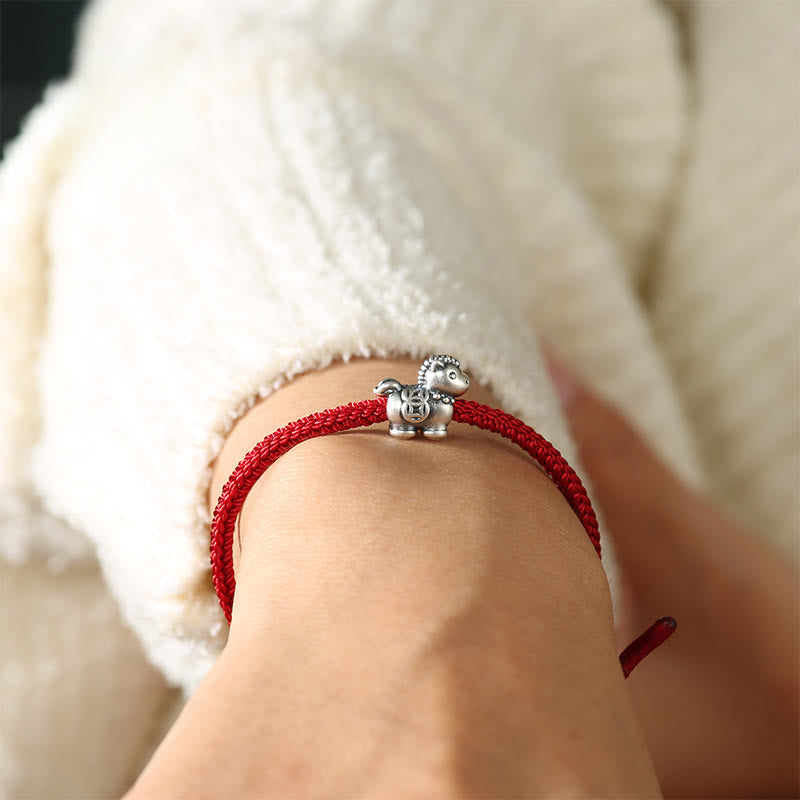 Bracelet porte-bonheur tressé en argent sterling 999 avec cordon rouge et pièces de cuivre, Année du Cheval , Buddha Stones - image 4