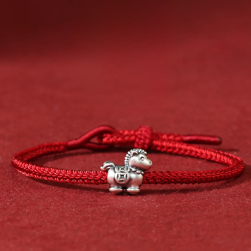 Bracelet porte-bonheur tressé en argent sterling 999 avec cordon rouge et pièces de cuivre, Année du Cheval , Buddha Stones - Cheval (tour de poignet 14-18 cm) - image 0