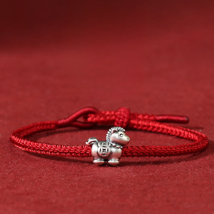 Bracelet porte-bonheur tressé en argent sterling 999 avec cordon rouge et pièces de cuivre, Année du Cheval , Buddha Stones - Cheval (tour de poignet 14-18 cm) - image 0