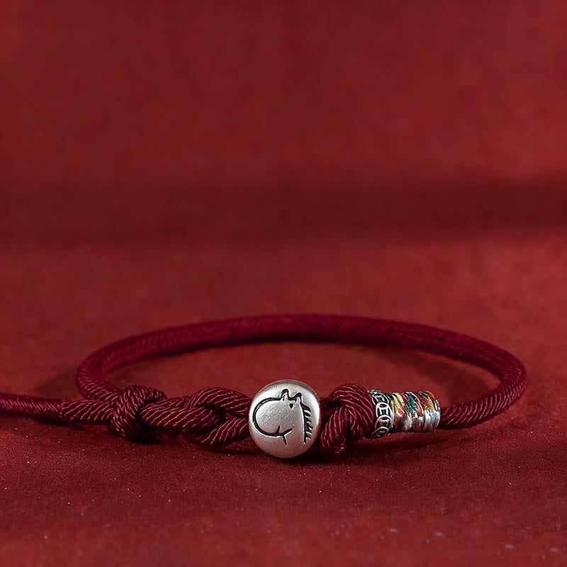 Bracelet de protection tressé en corde avec pièces de cuivre et argent sterling 999, Buddha Stones, Année du Cheval - Rouge foncé - 18-20 cm - image 9