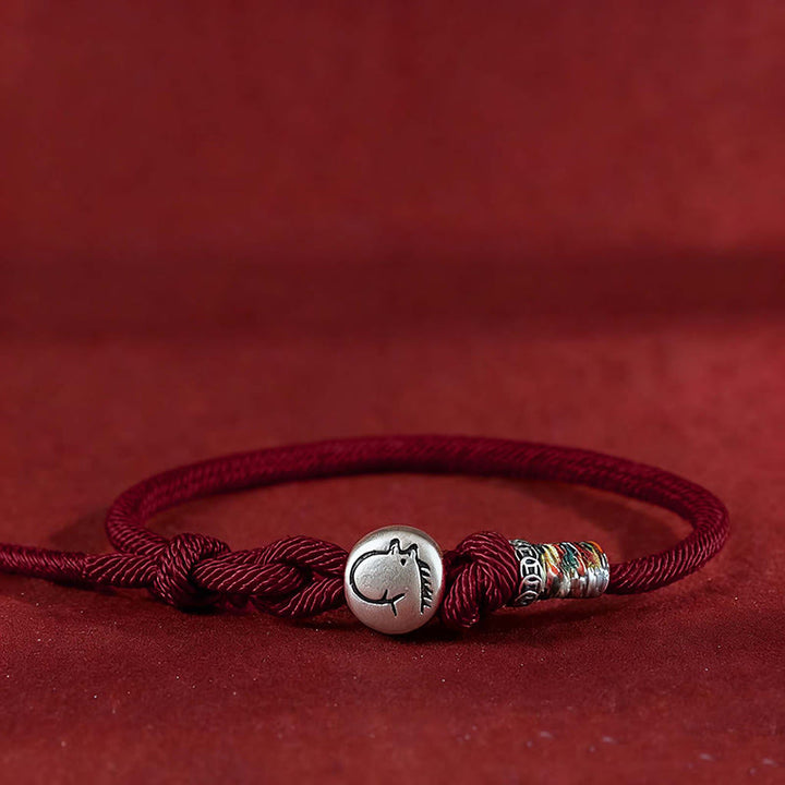 Bracelet de protection tressé en corde avec pièces de cuivre et argent sterling 999, Buddha Stones, Année du Cheval - Rouge foncé - 18-20 cm - image 9