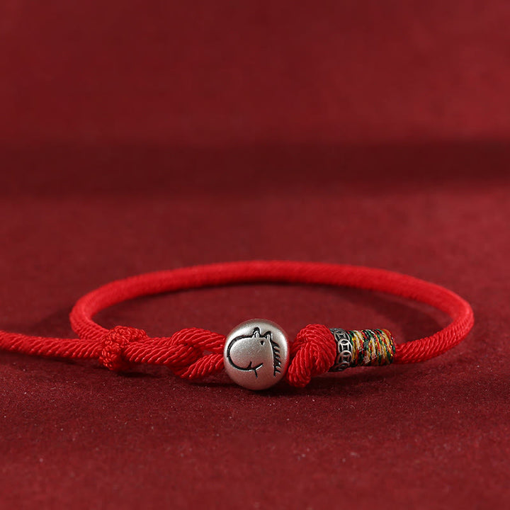Bracelet de protection tressé en corde avec pièces de cuivre et argent sterling 999, Buddha Stones, Année du Cheval - Rouge - 18-20 cm - image 0