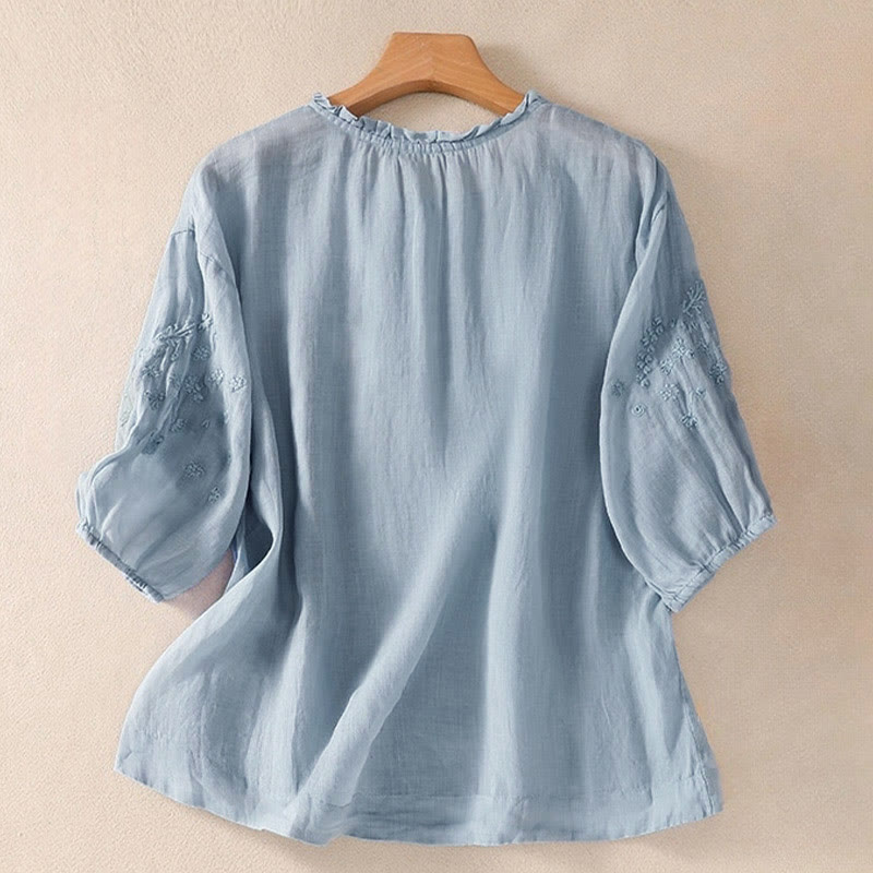 Chemise décontractée à manches bouffantes et boutons floraux brodés Buddha Stones pour femme - image 1