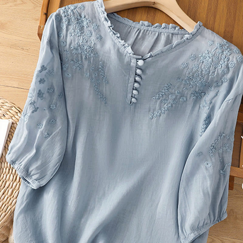 Chemise décontractée à manches bouffantes et boutons floraux brodés Buddha Stones pour femme - image 2