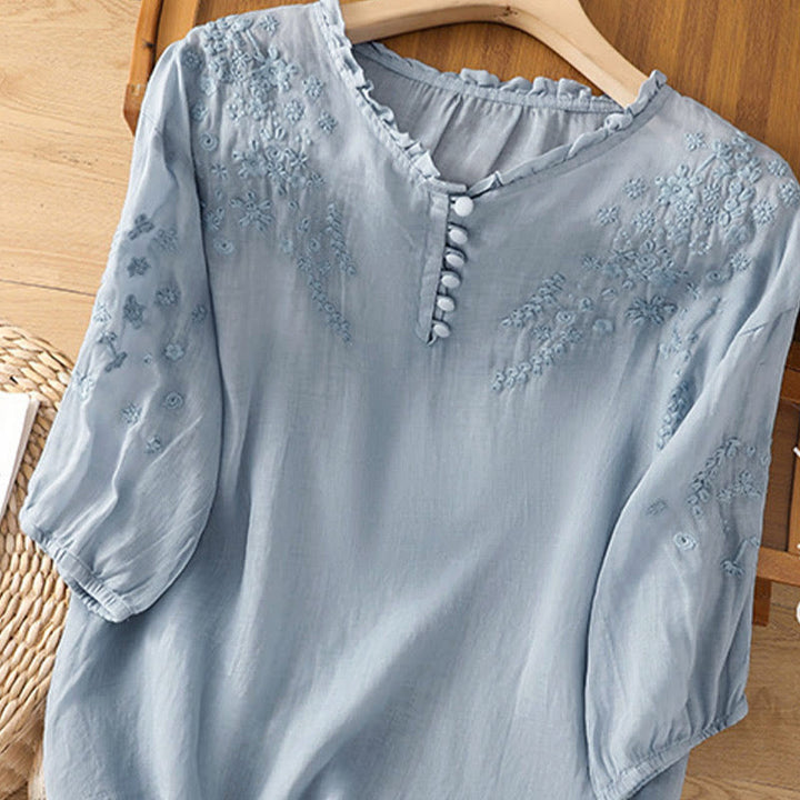 Chemise décontractée à manches bouffantes et boutons floraux brodés Buddha Stones pour femme - image 2