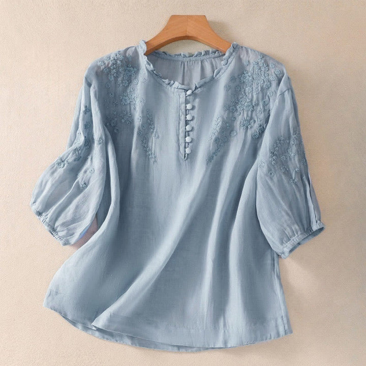 Chemise décontractée à manches bouffantes et boutons floraux brodés Buddha Stones pour femme - Bleu clair - US8-10，UK/AU12-14，EU40-42 (2XL) - image 0