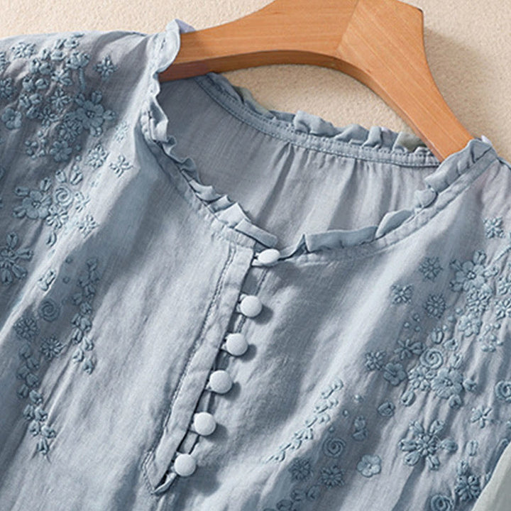 Chemise décontractée à manches bouffantes et boutons floraux brodés Buddha Stones pour femme - image 5