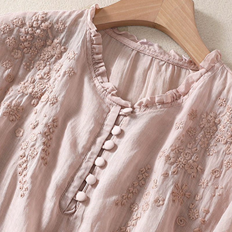 Chemise décontractée à manches bouffantes et boutons floraux brodés Buddha Stones pour femme - image 17