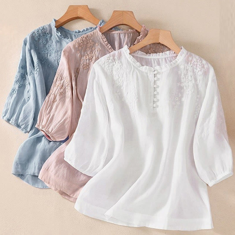 Chemise décontractée à manches bouffantes et boutons floraux brodés Buddha Stones pour femme - image 19