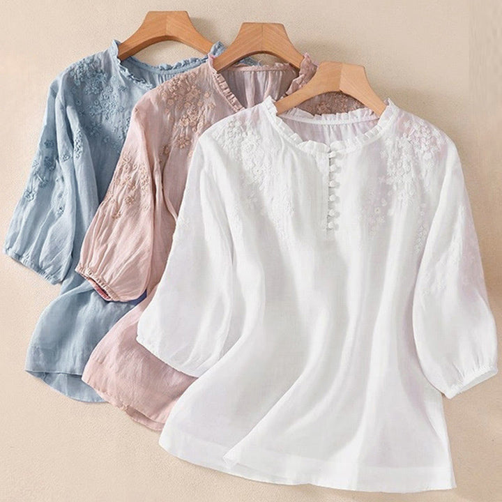 Chemise décontractée à manches bouffantes et boutons floraux brodés Buddha Stones pour femme - image 19