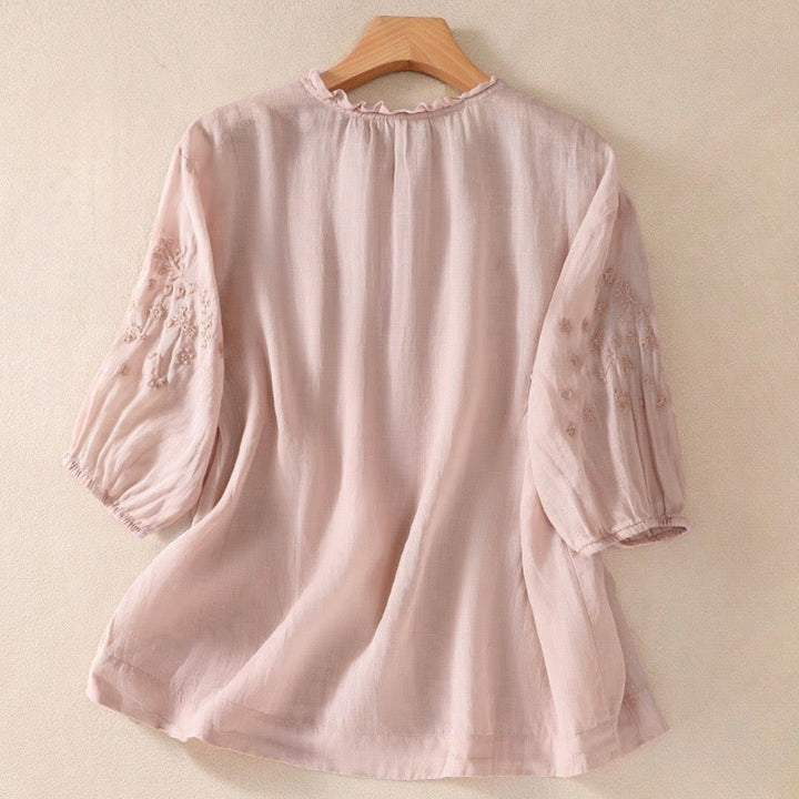 Chemise décontractée à manches bouffantes et boutons floraux brodés Buddha Stones pour femme - image 14