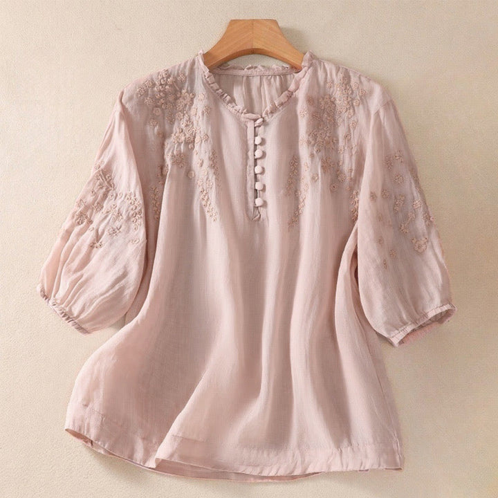Chemise décontractée à manches bouffantes et boutons floraux brodés Buddha Stones pour femme - Rose clair - US8-10，UK/AU12-14，EU40-42 (2XL) - image 13