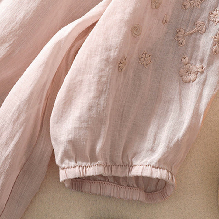 Chemise décontractée à manches bouffantes et boutons floraux brodés Buddha Stones pour femme - image 16