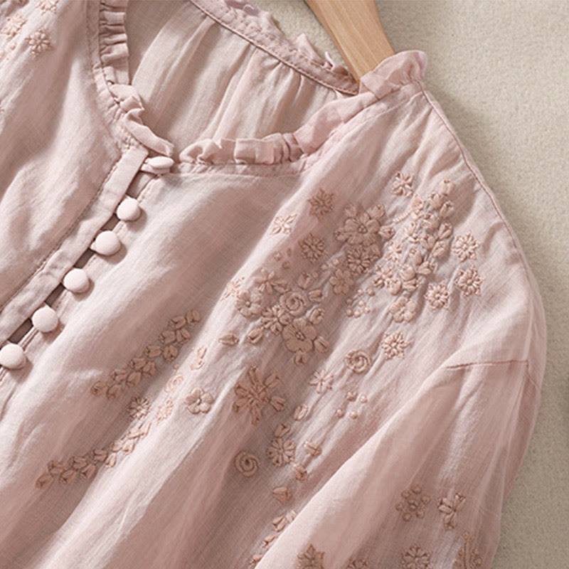 Chemise décontractée à manches bouffantes et boutons floraux brodés Buddha Stones pour femme - image 18