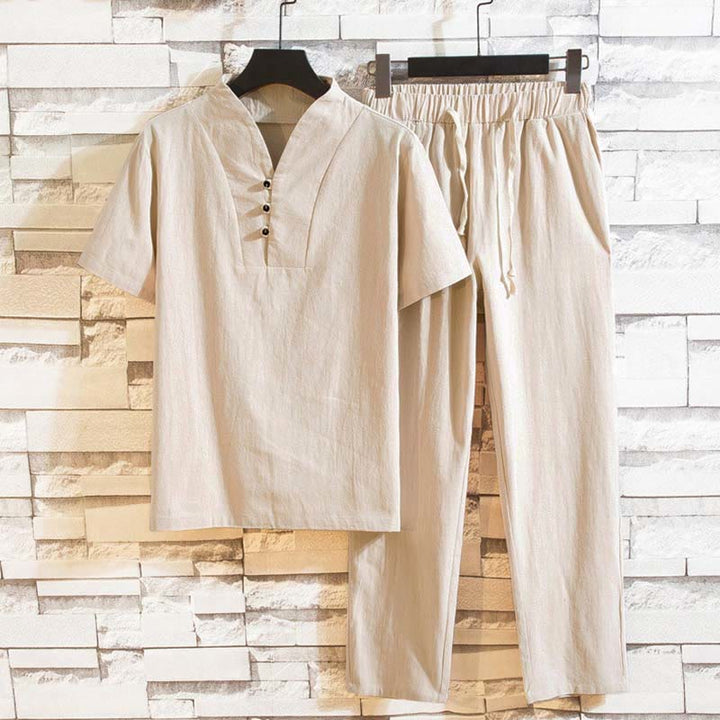 Ensemble 2 pièces pour homme, t-shirt à manches courtes et pantalon en coton uni avec boutons et Buddha Stones - Blanc antique - US/UK/AU44，EU54 (5XL) - image 11