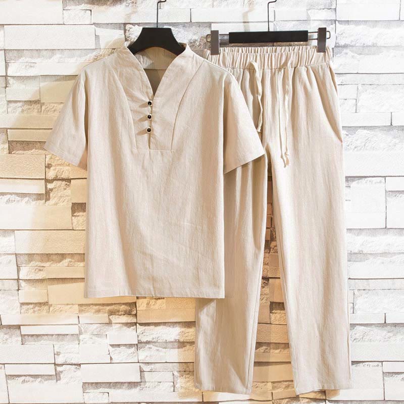 Ensemble 2 pièces pour homme, t-shirt à manches courtes et pantalon en coton uni avec boutons et Buddha Stones - Blanc antique - US/UK/AU46，EU56 (5XL) - image 11