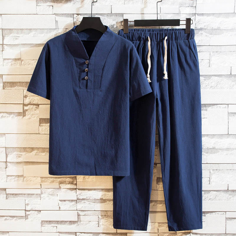 Ensemble 2 pièces pour homme, t-shirt à manches courtes et pantalon en coton uni avec boutons et Buddha Stones - SteelBlue - US/UK/AU44，EU54 (5XL) - image 12
