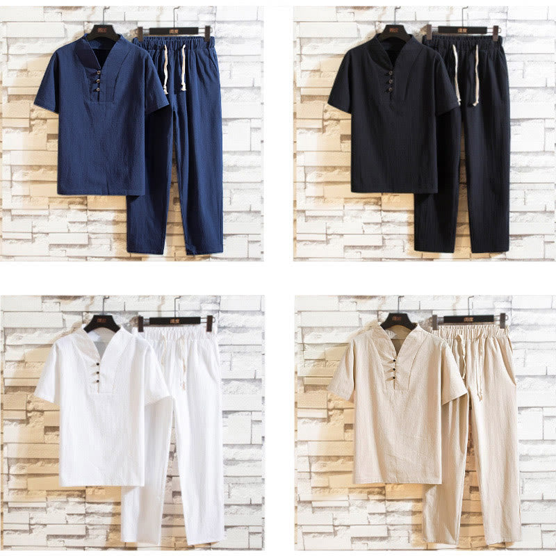 Ensemble 2 pièces pour homme, t-shirt à manches courtes et pantalon en coton uni avec boutons et Buddha Stones - image 13