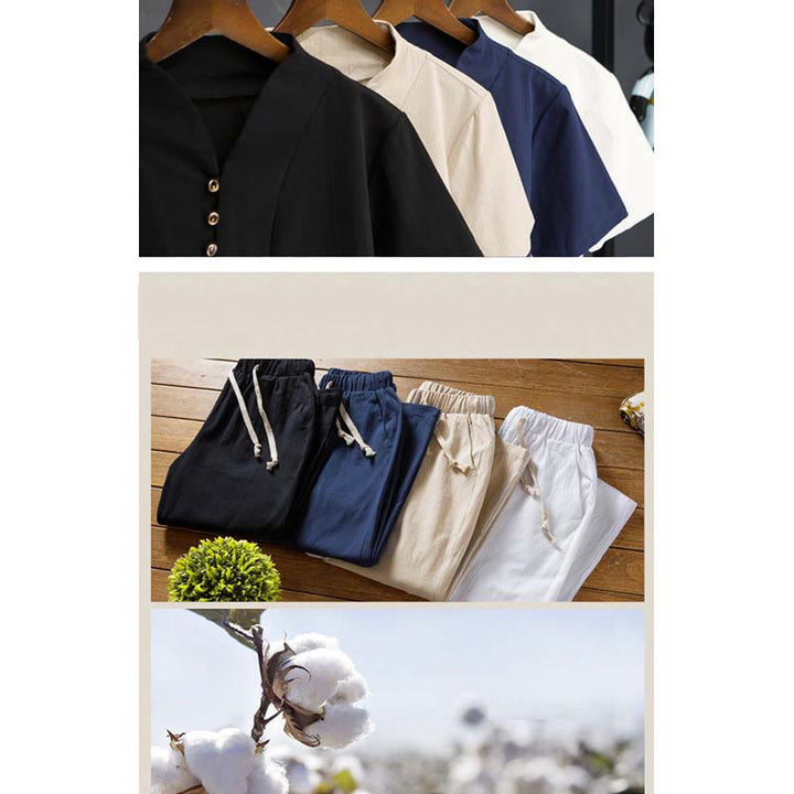 Ensemble 2 pièces pour homme, t-shirt à manches courtes et pantalon en coton uni avec boutons et Buddha Stones - image 14