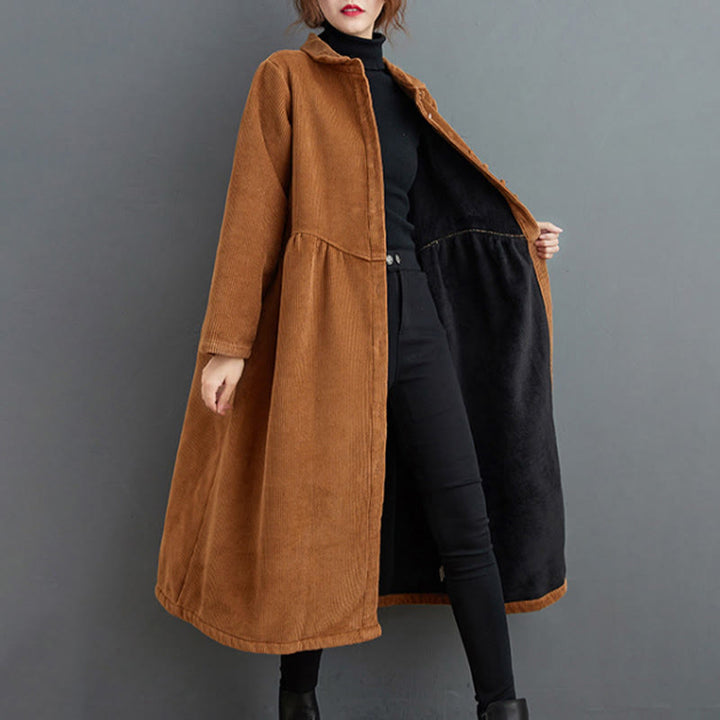 Manteau en Buddha Stones côtelé de coton à manches longues et poches pour femme, uni, avec boutons et doublure polaire - image 21