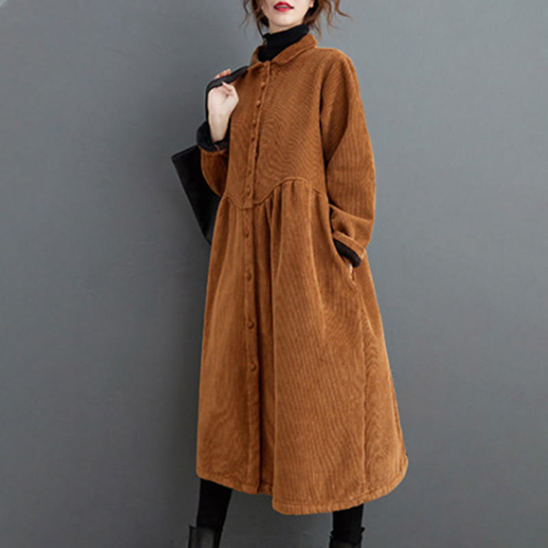 Manteau en Buddha Stones côtelé de coton à manches longues et poches pour femme, uni, avec boutons et doublure polaire - image 18