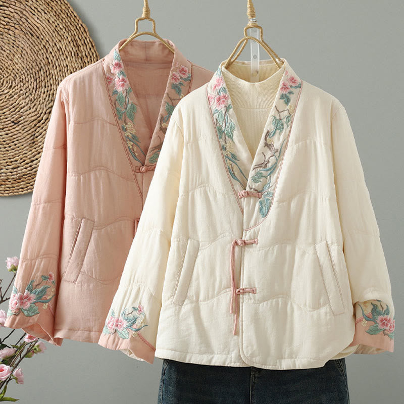 Veste matelassée en coton à manches longues et poches pour femme, brodée de Buddha Stones - image 0