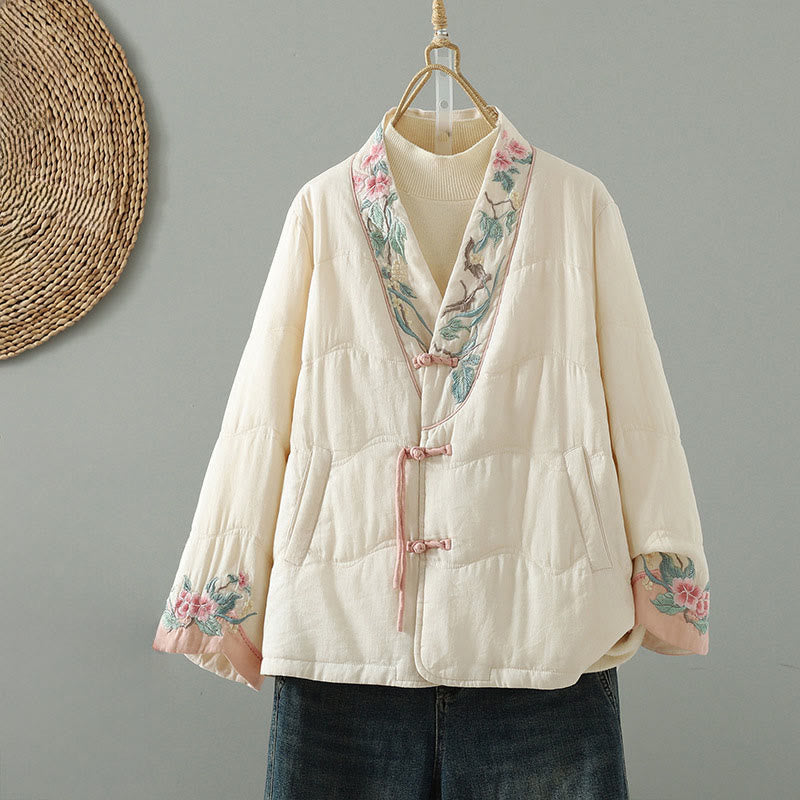 Veste matelassée en coton à manches longues et poches pour femme, brodée de Buddha Stones - Ivoire - US12，UK/AU16，EU44 (2XL) - image 1