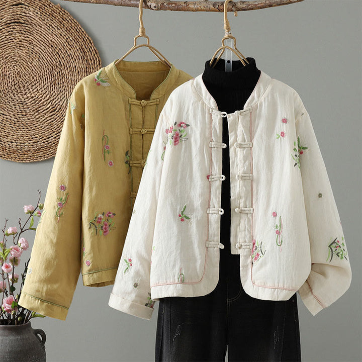 Veste matelassée en coton à manches longues et poches pour femme, broderie de fleurs et Buddha Stones - image 0