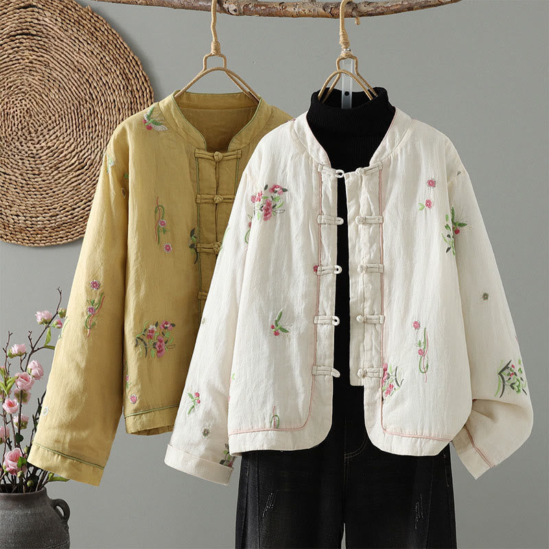 Veste matelassée en coton à manches longues et poches pour femme, broderie de fleurs et Buddha Stones - image 0